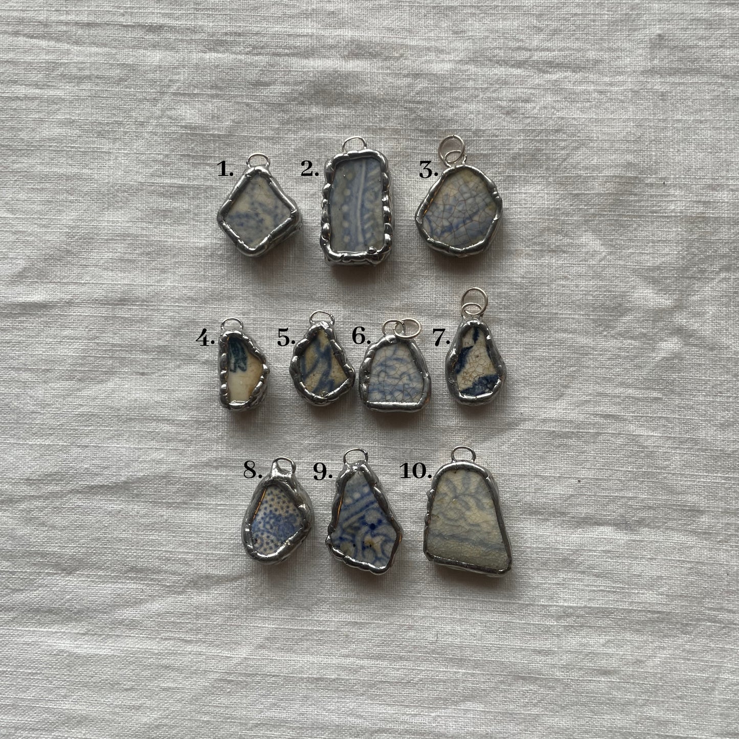 Sea pottery and silver pendant blue pattern