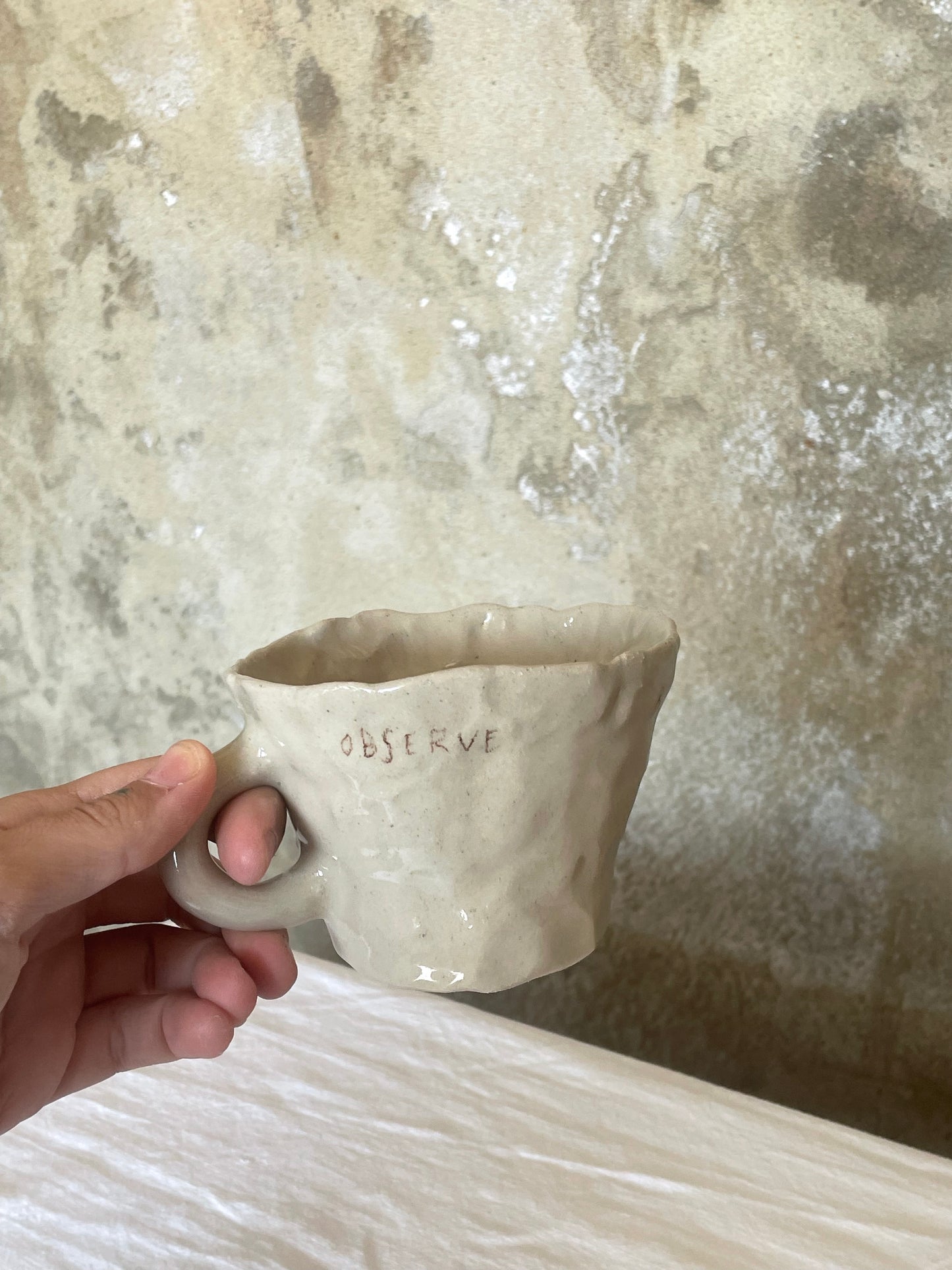 Observe, breathe, focus, decide tea cup