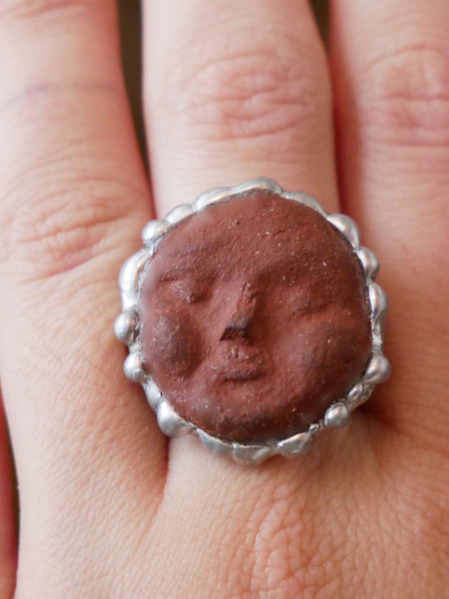 Foraged Clay Moon Face Ring With Sterling Silver Band Size L
