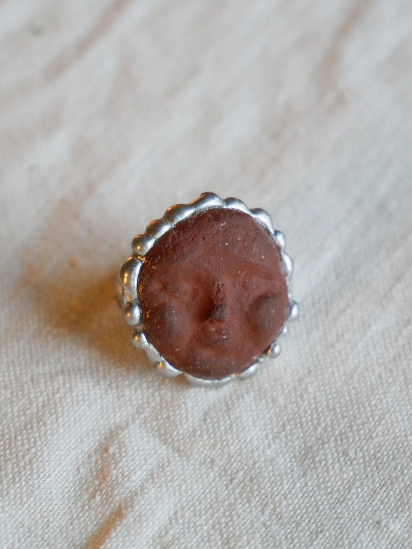 Foraged Clay Moon Face Ring With Sterling Silver Band Size L
