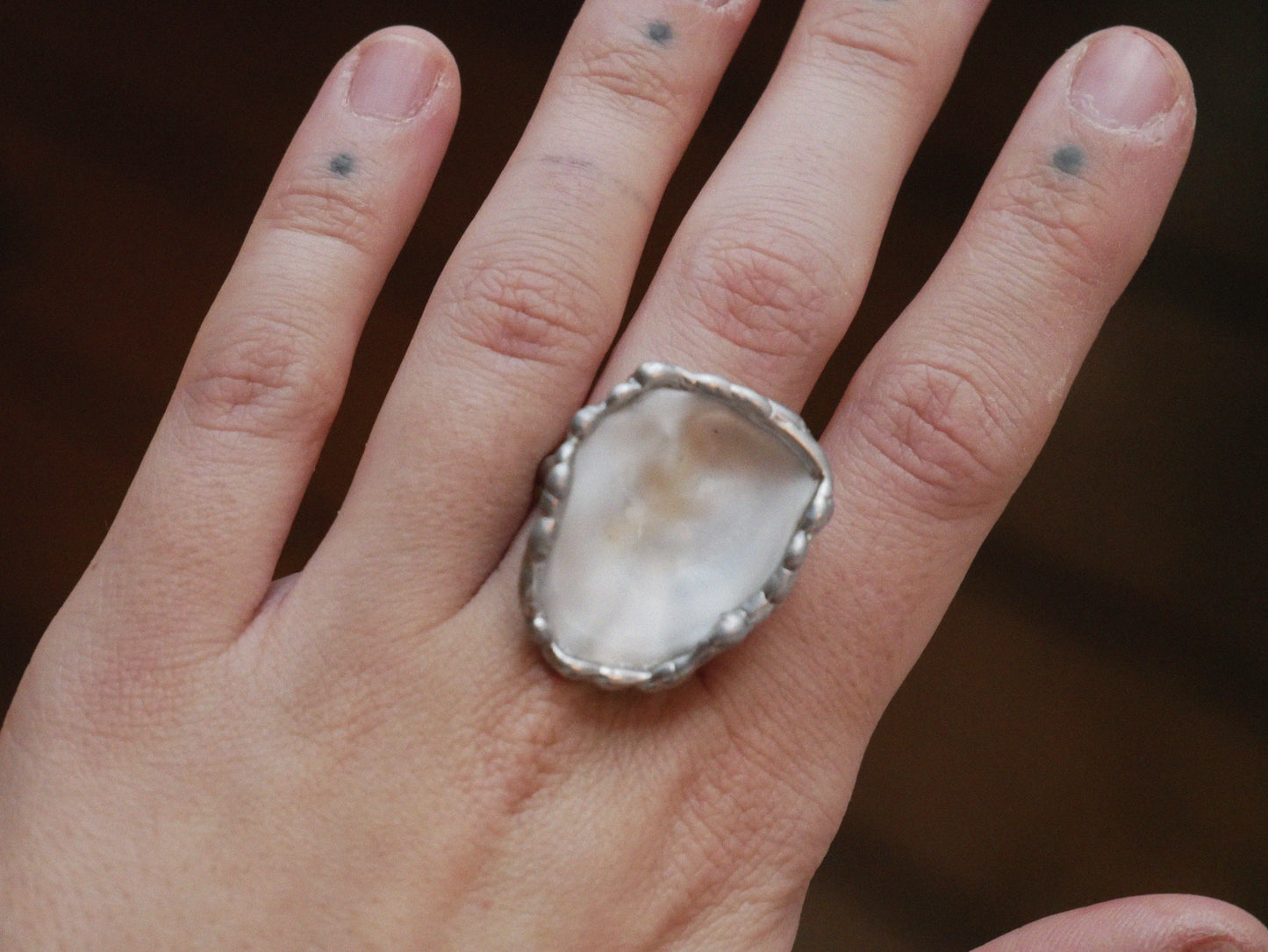 Oyster Shell Ring With Sterling Silver Band Size M