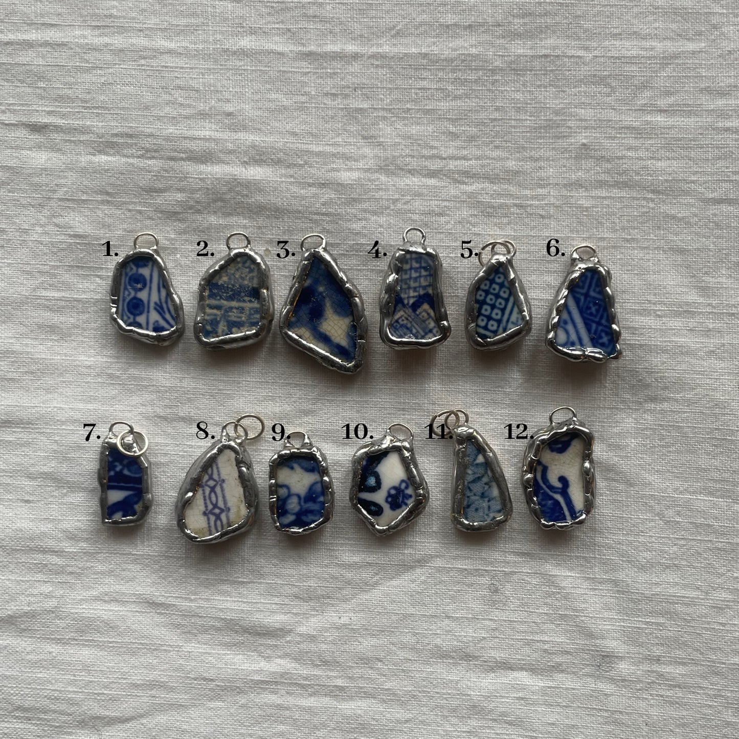 Sea pottery and silver pendant blue pattern