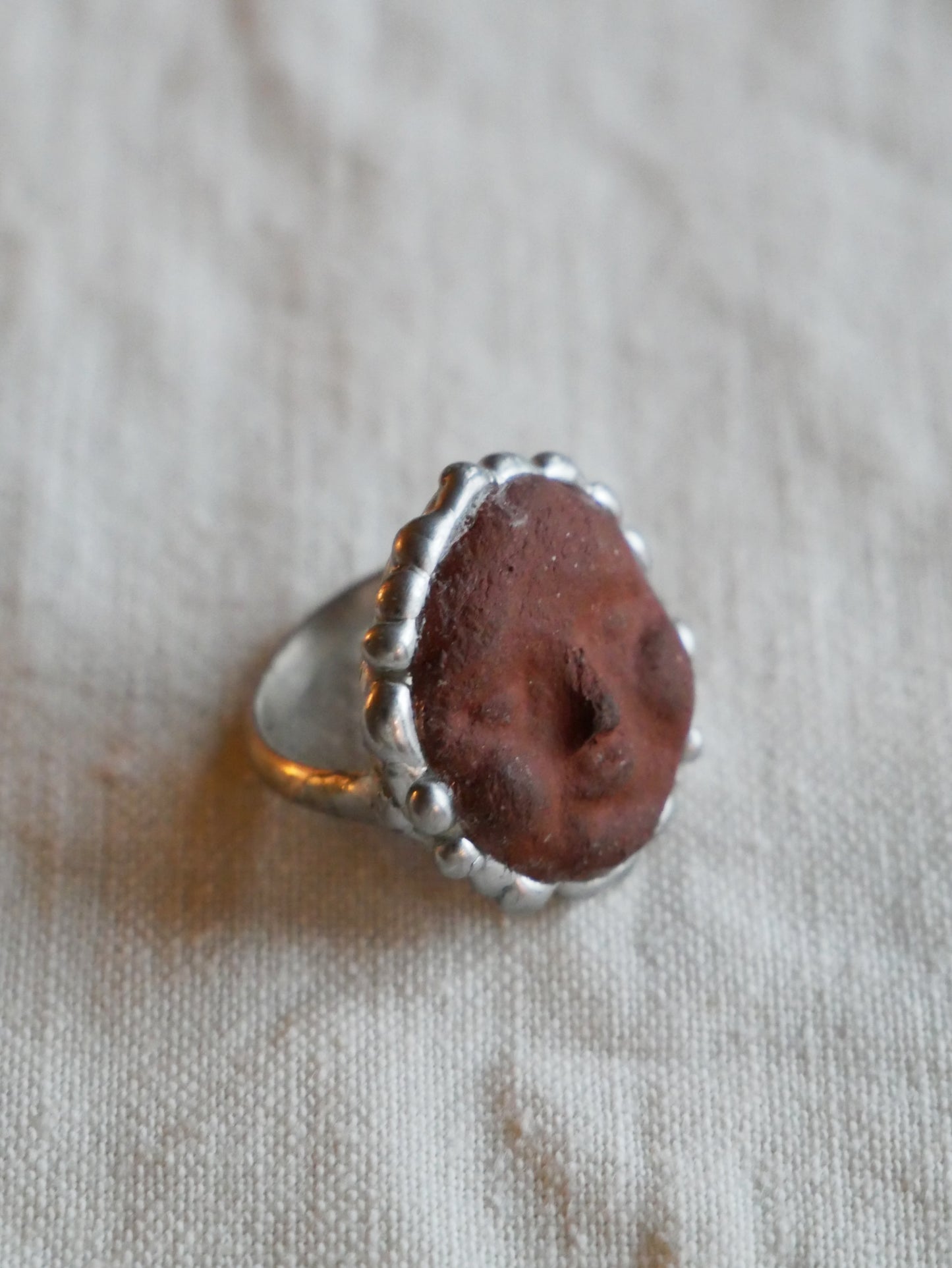 Foraged Clay Moon Face Ring With Sterling Silver Band Size L