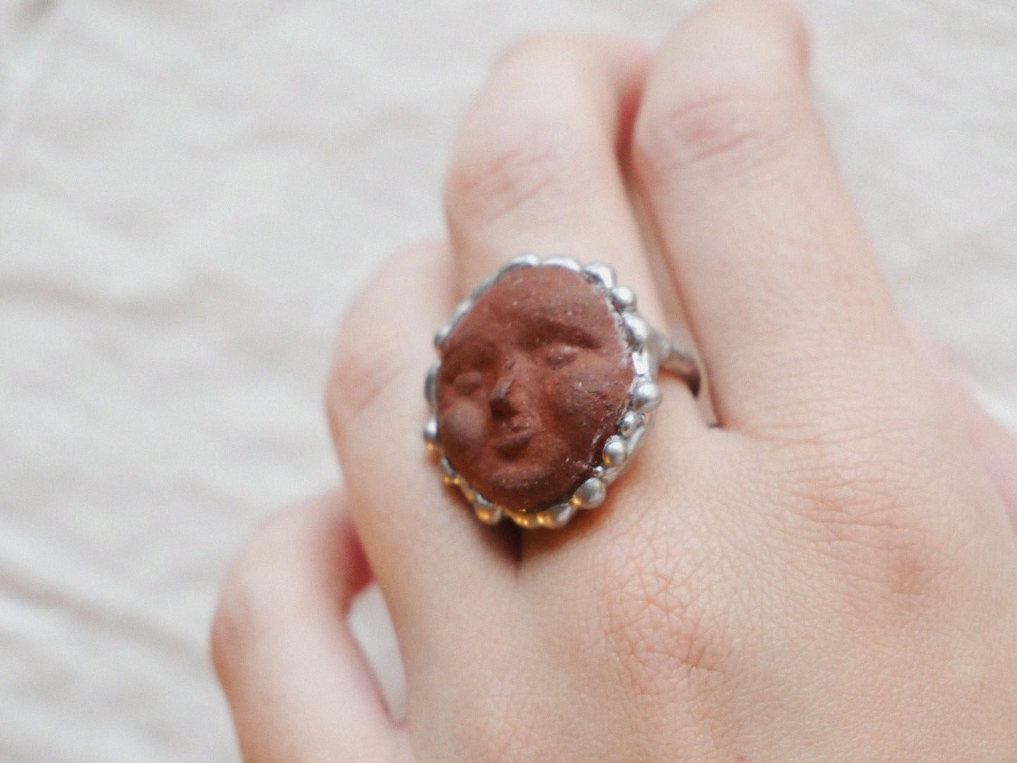 Foraged Clay Moon Face Ring With Sterling Silver Band Size L