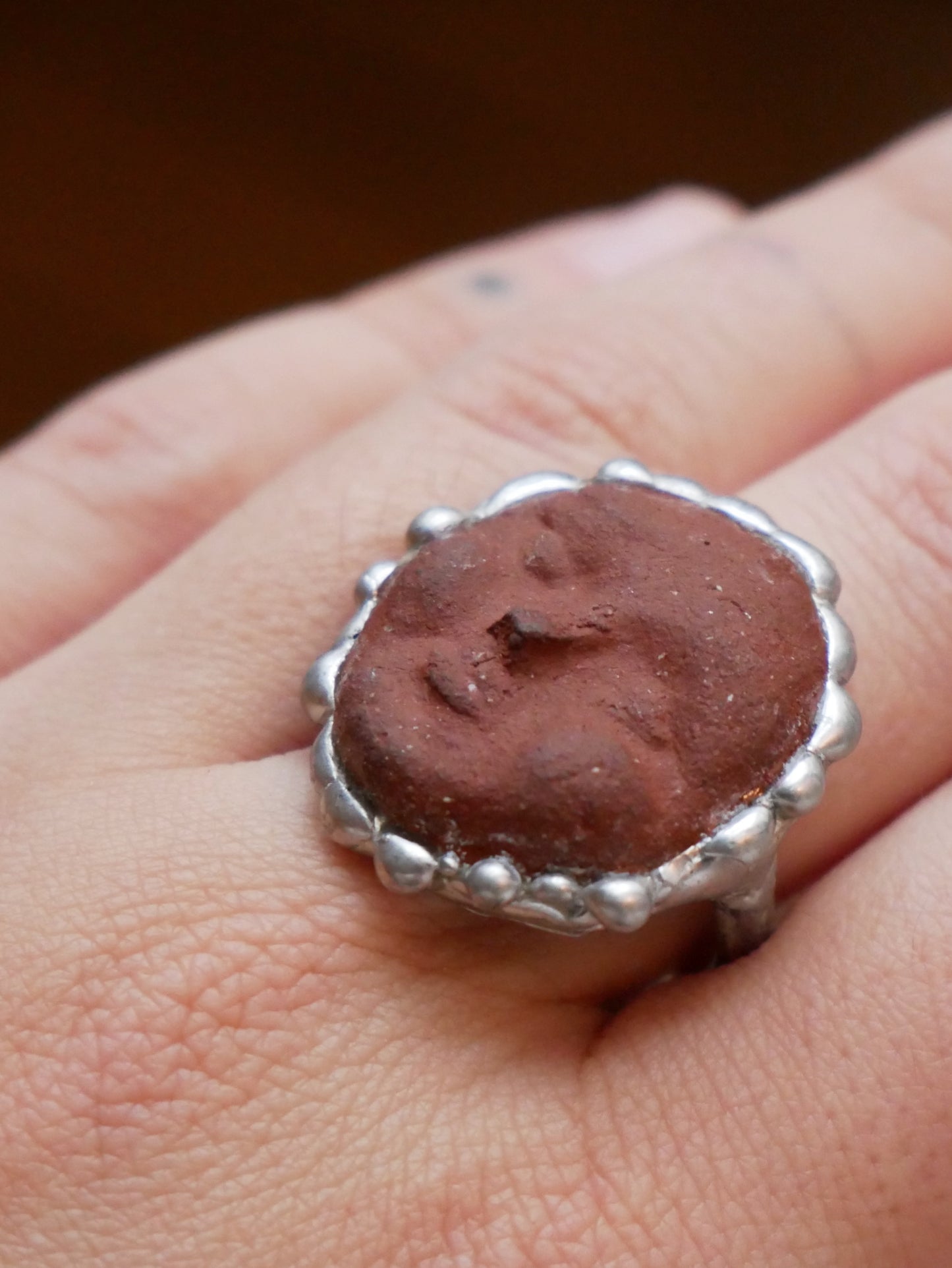 Foraged Clay Moon Face Ring With Sterling Silver Band Size L