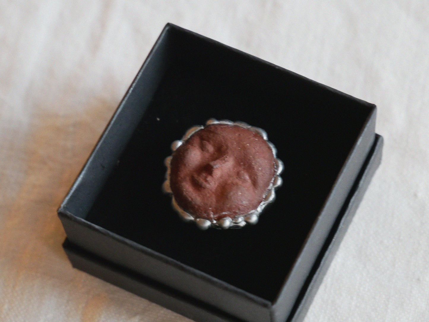 Foraged Clay Moon Face Ring With Sterling Silver Band Size L